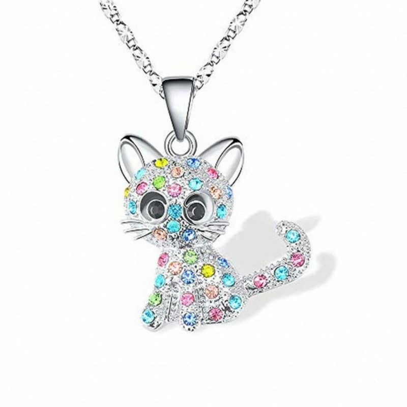 Collar de Plata con Gatitos y Zirconitas Multicolores