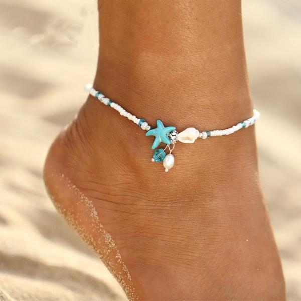 Pulsera de Tobillo con Estrellas y Concha con Piedras Naturales
