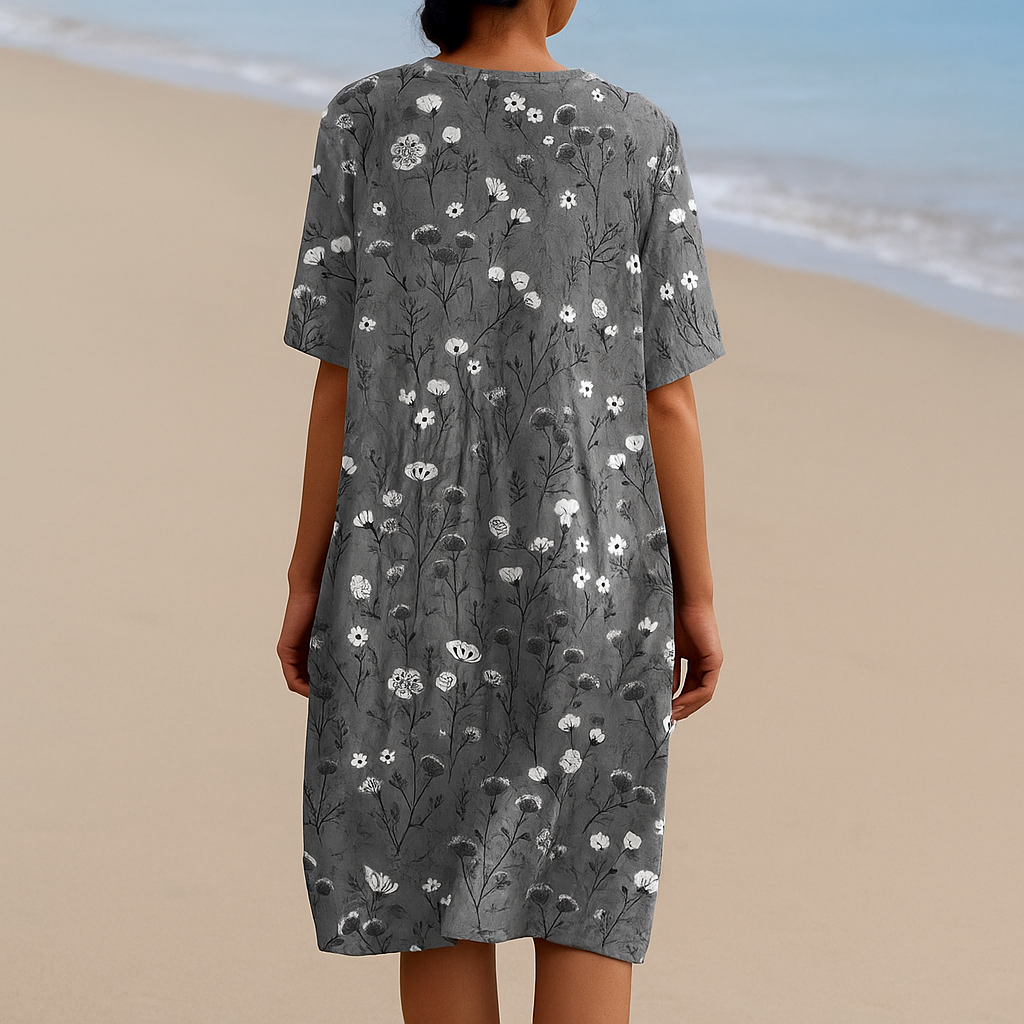 María - Vestido Floral en Carbón con Acentos Blancos