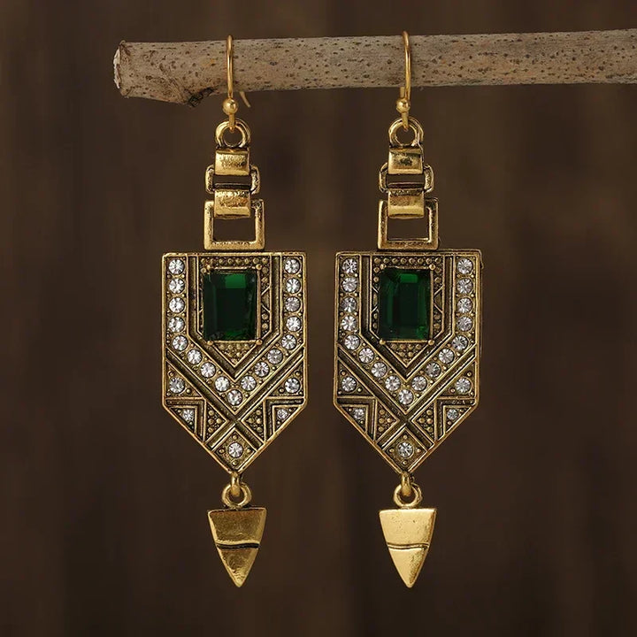 Pendientes geométricos retro en color dorado y verde