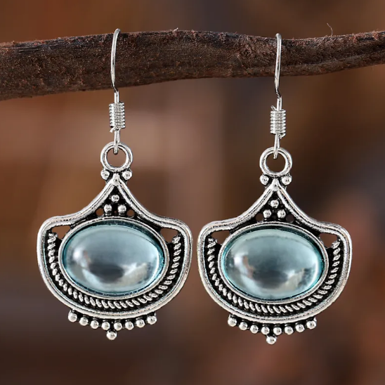 Conjunto retro de collar y pendientes con piedras preciosas ovaladas azules