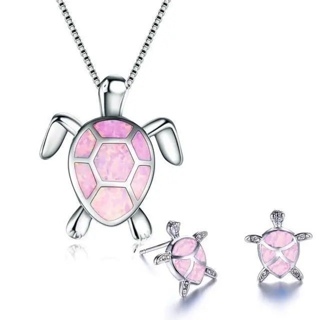 Conjunto de Collar y Pendientes de Tortuga Marina en Opalina y Plata