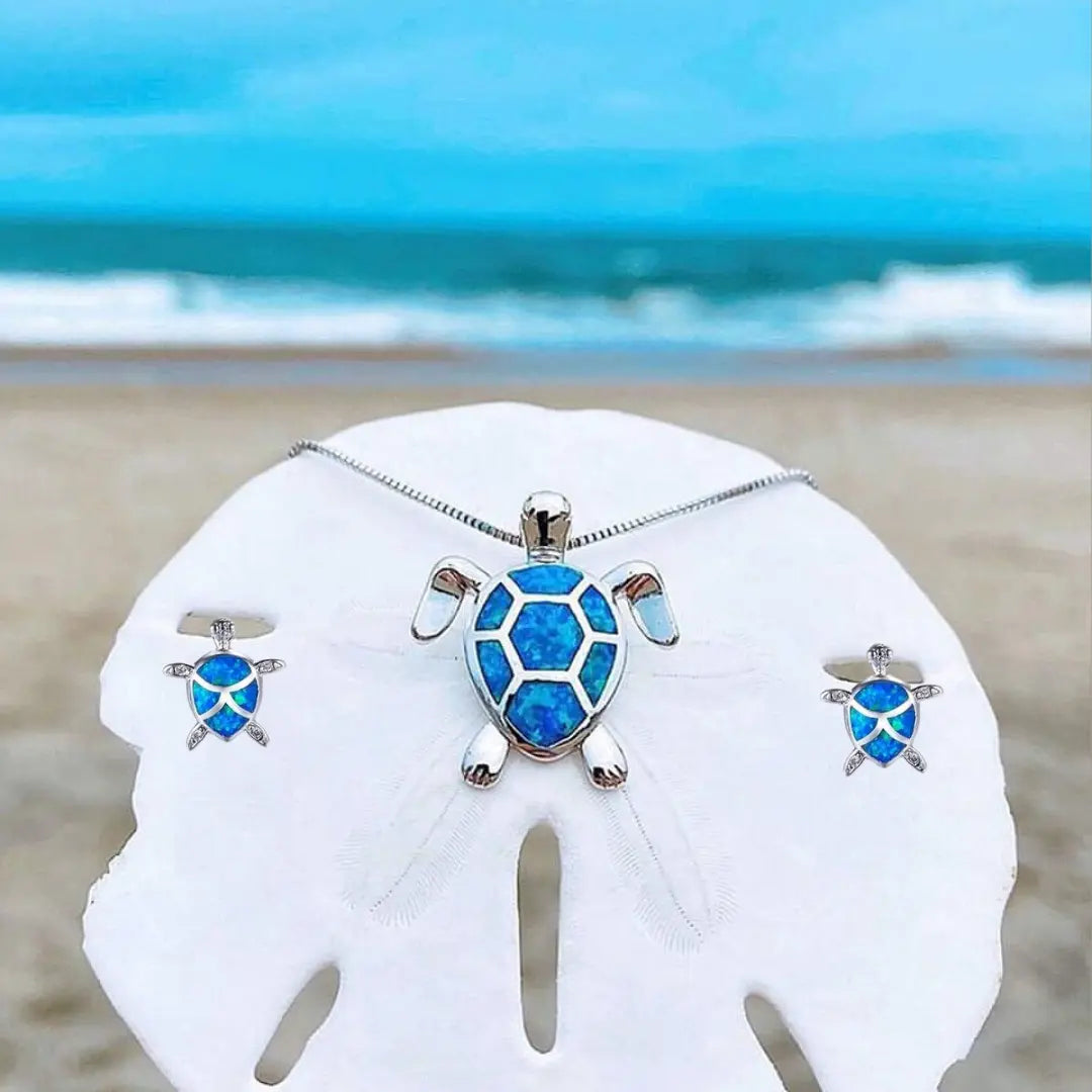 Conjunto de Collar y Pendientes de Tortuga Marina en Opalina y Plata