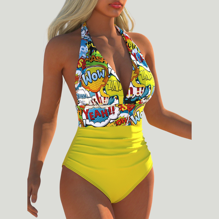 Graciela - Bañador Entero Halter con Estampado Pop Art y Fruncido