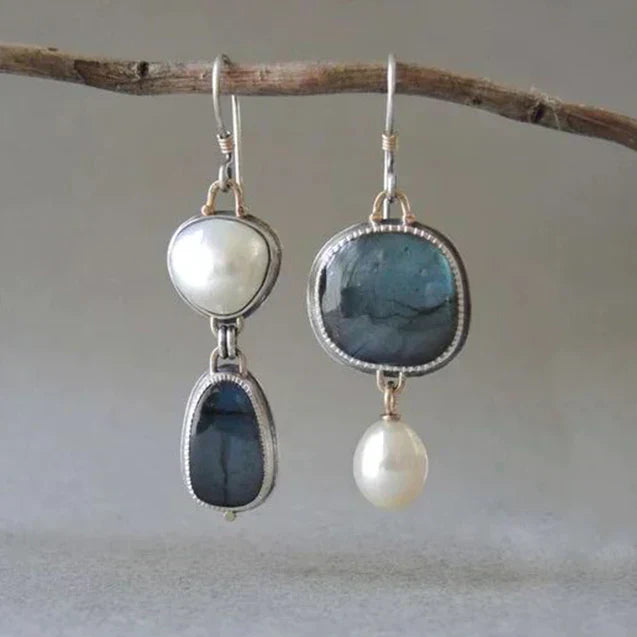 Pendientes Vintage de Plata con Piedra Natural y Perlas