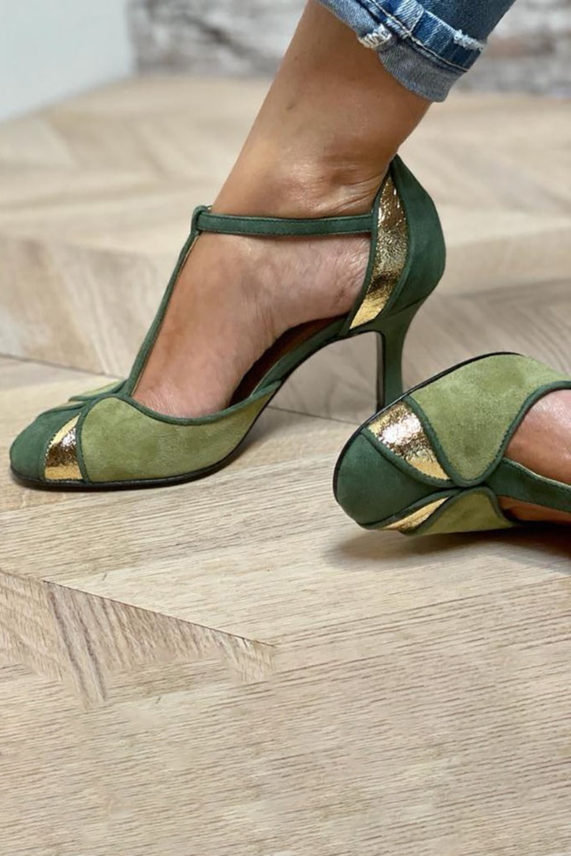 Taviana - Zapatos de tacón en patchwork con tira en T y puntera cerrada