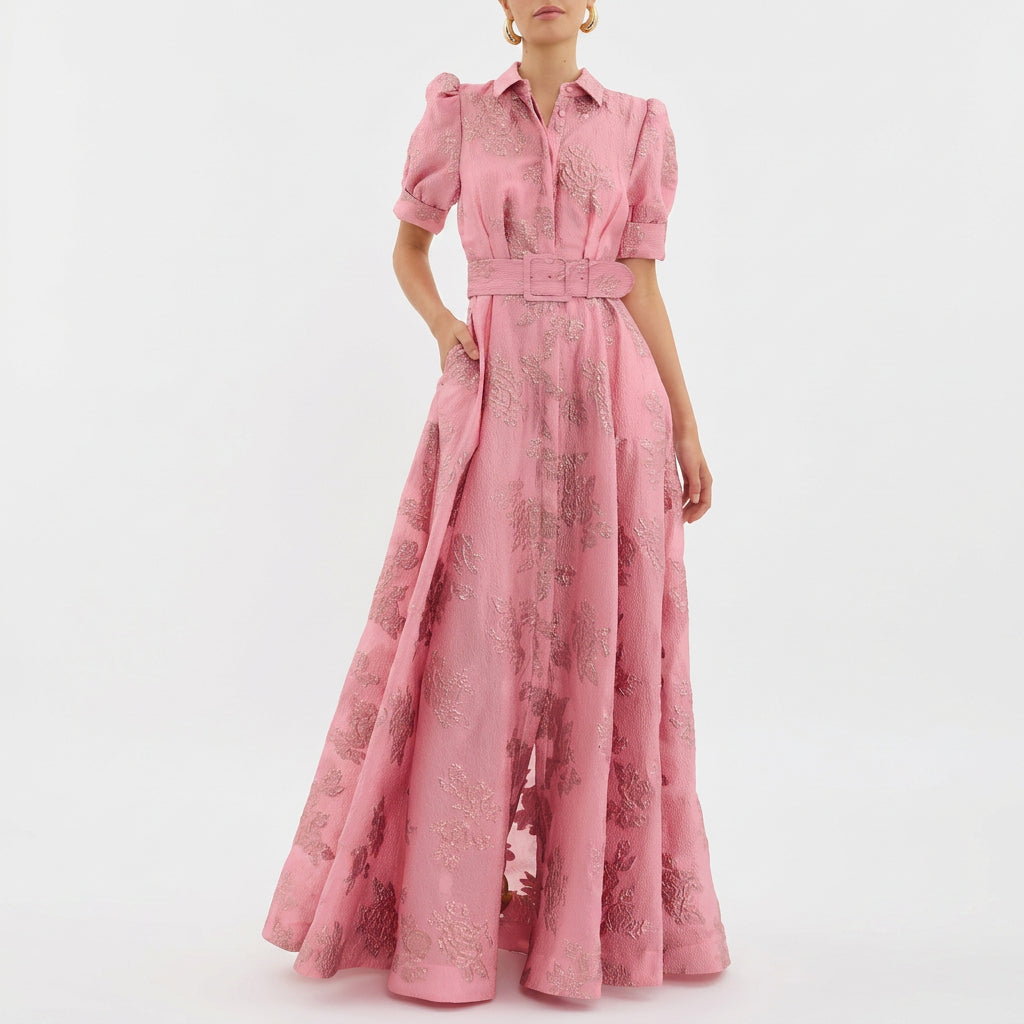 Matilde - Vestido Largo en Jacquard Floral con Cinturón