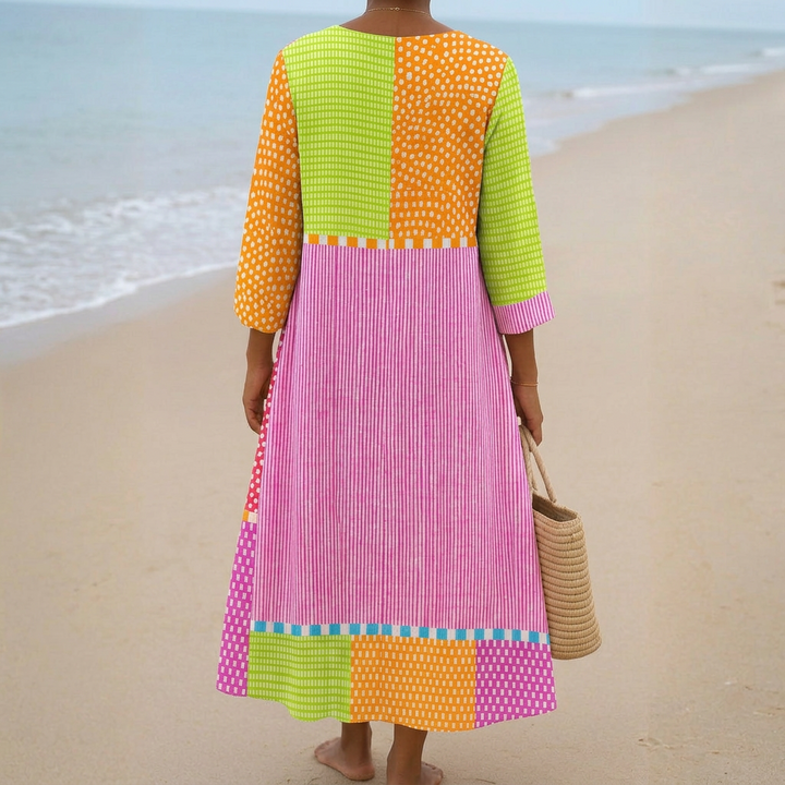 Fátima - Vestido de Patchwork Colorido con Bolitas y Rayas