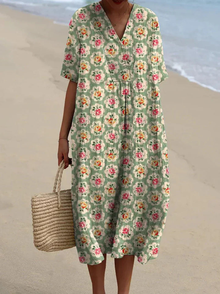 Eulállia - Vestido Floral Retro en Verde Agua
